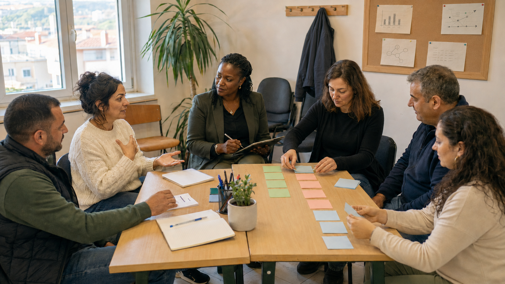 Three colleagues reviewing printed charts and evaluation data around a meeting table.