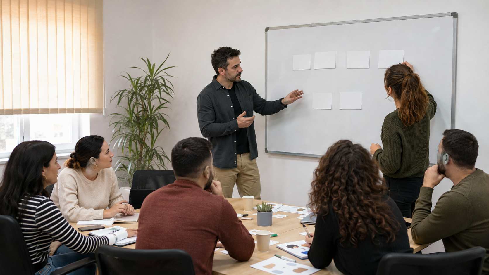 A trainer leading an interactive workshop for a seated group in front of a whiteboard.